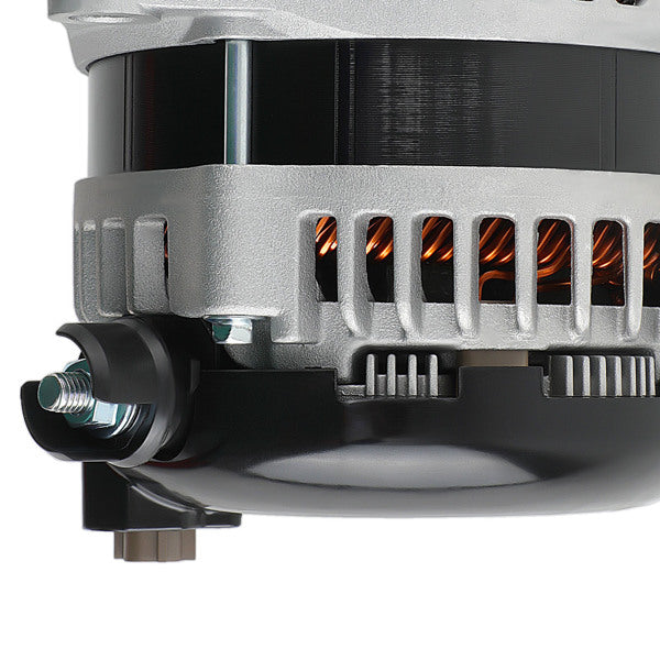 Side profile of the Ford F-150 alternator with mounting bracket