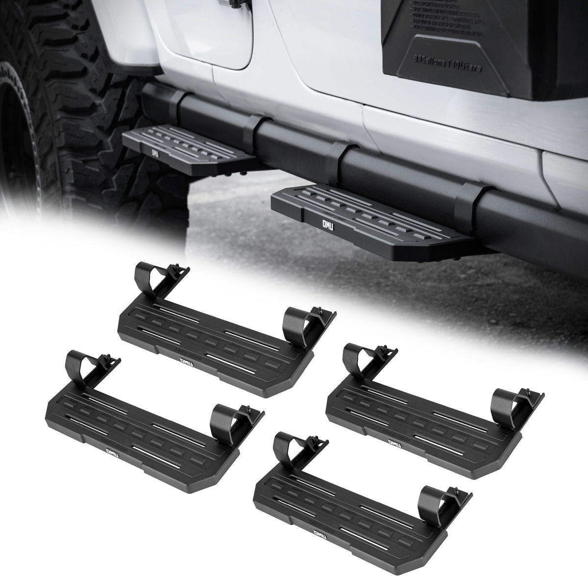 Running boards for 2018+ Jeep Wrangler JL Rubicon 4-door with OEM rock rails