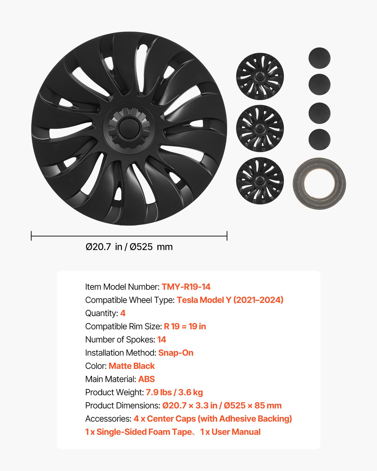 Matte black snap-on hubcap set for 19-inch 2021-2024 Tesla Model Y wheels