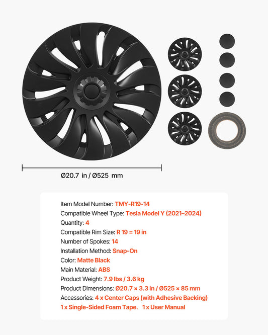 Matte black snap-on hubcap set for 19-inch 2021-2024 Tesla Model Y wheels