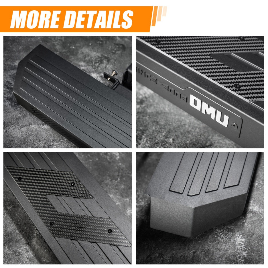 Aluminum running board with carbon fiber accent trim on a Jeep Wrangler JL 4-Door