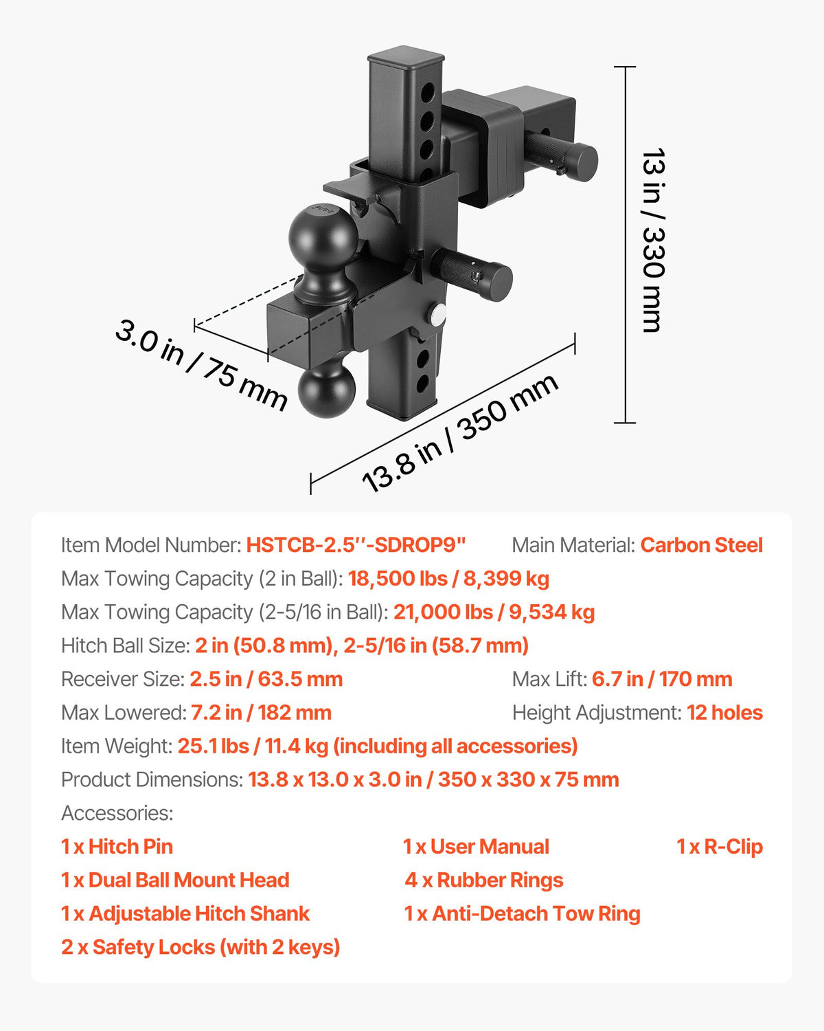 Adjustable trailer hitch mount for 2.5-inch receiver, 21,000 lbs GTW