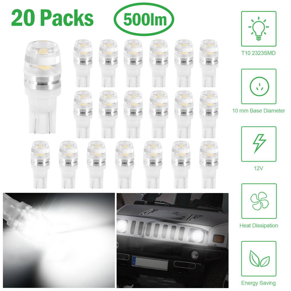 20-pack T10 LED light bulbs, 6500K white, 500 lumens