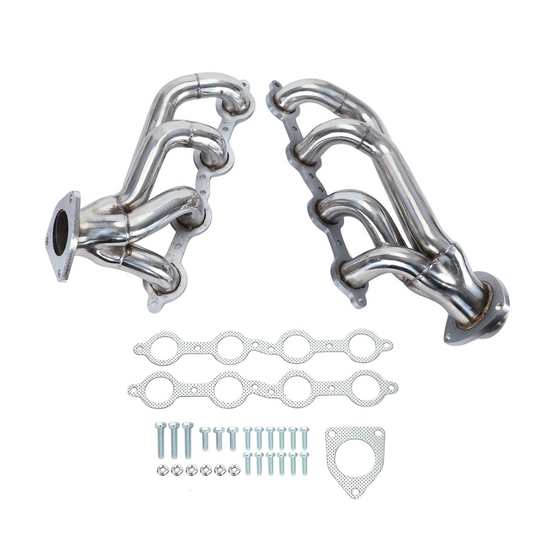 Long tube Chevy Silverado exhaust header with laser-cut 3/8-inch steel head flange
