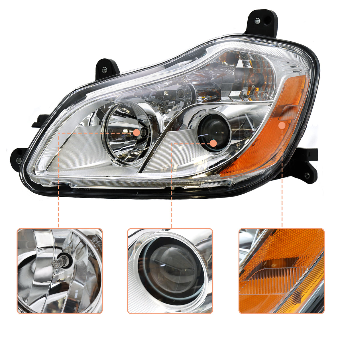 Kenworth T680 halogen headlight assembly, side angle showing chrome housing