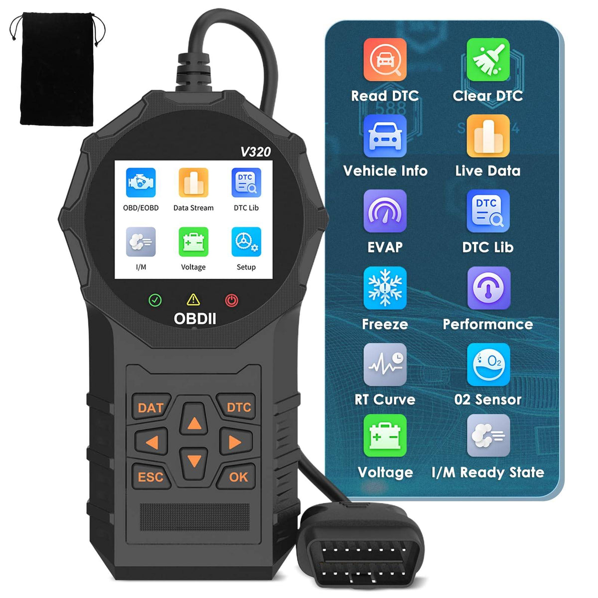 V320 automotive OBD2 scanner and check engine fault diagnostic tool