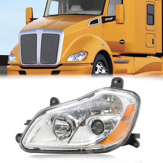 Kenworth T680 driver side halogen headlight assembly, chrome housing with clear lens, part P54-6164-100