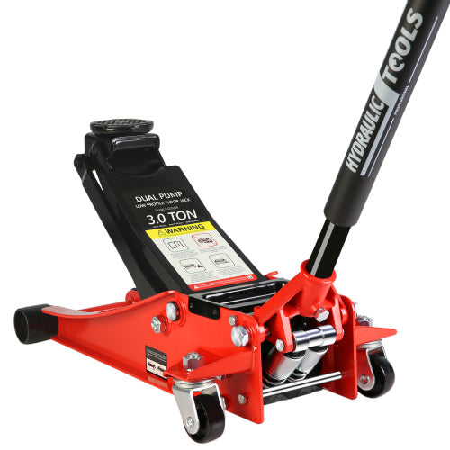 Low profile 3-ton hydraulic dual-piston racing floor jack