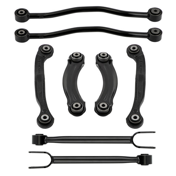 8-piece rear control arm kit for Chrysler 300 and Dodge Charger laid out with all included arms and bushings