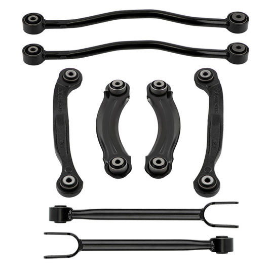 8-piece rear control arm kit for Chrysler 300 and Dodge Charger laid out with all included arms and bushings
